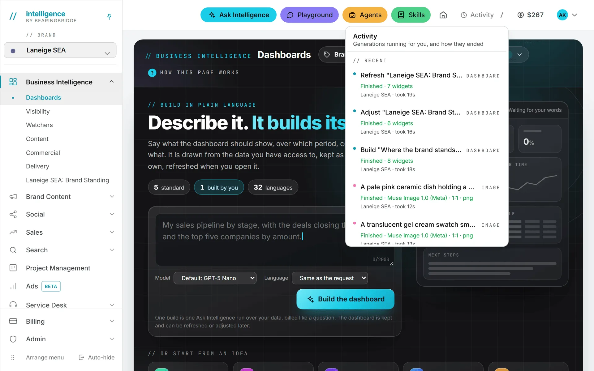 The Activity panel open under the Activity button in the header, listing the jobs that ran for you