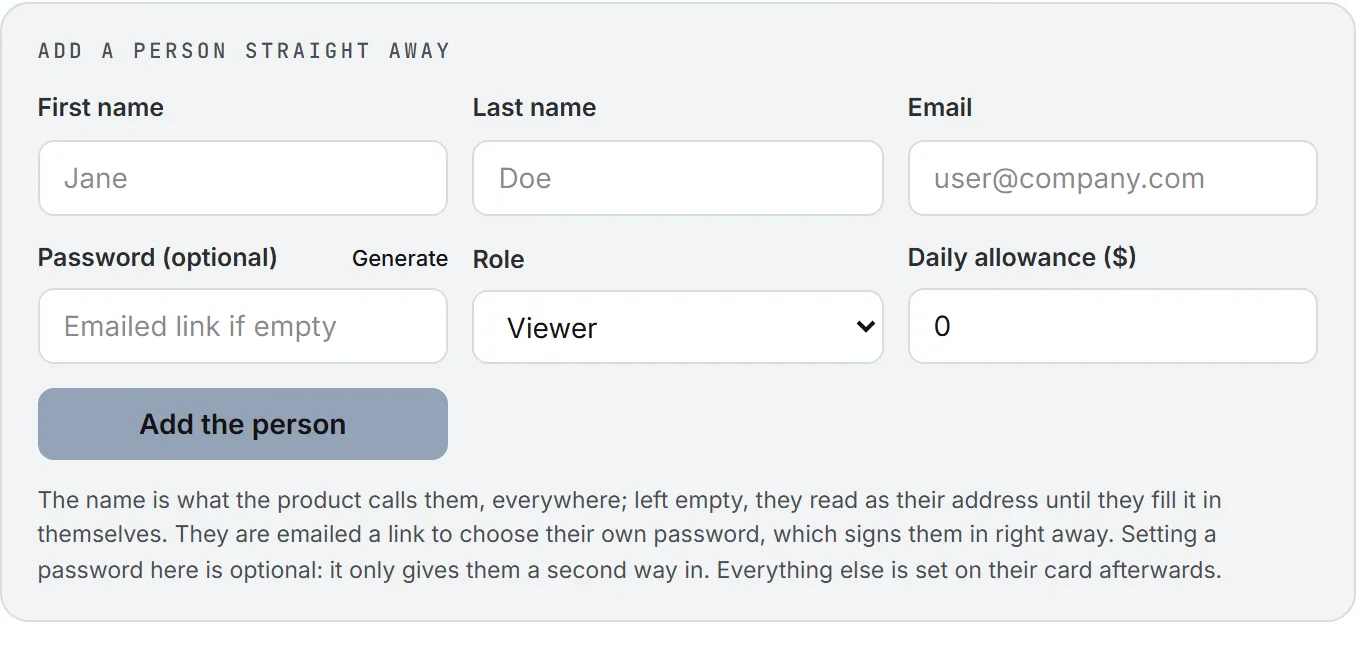 The Add a person straight away drawer, with the name, email, password, role and daily allowance fields