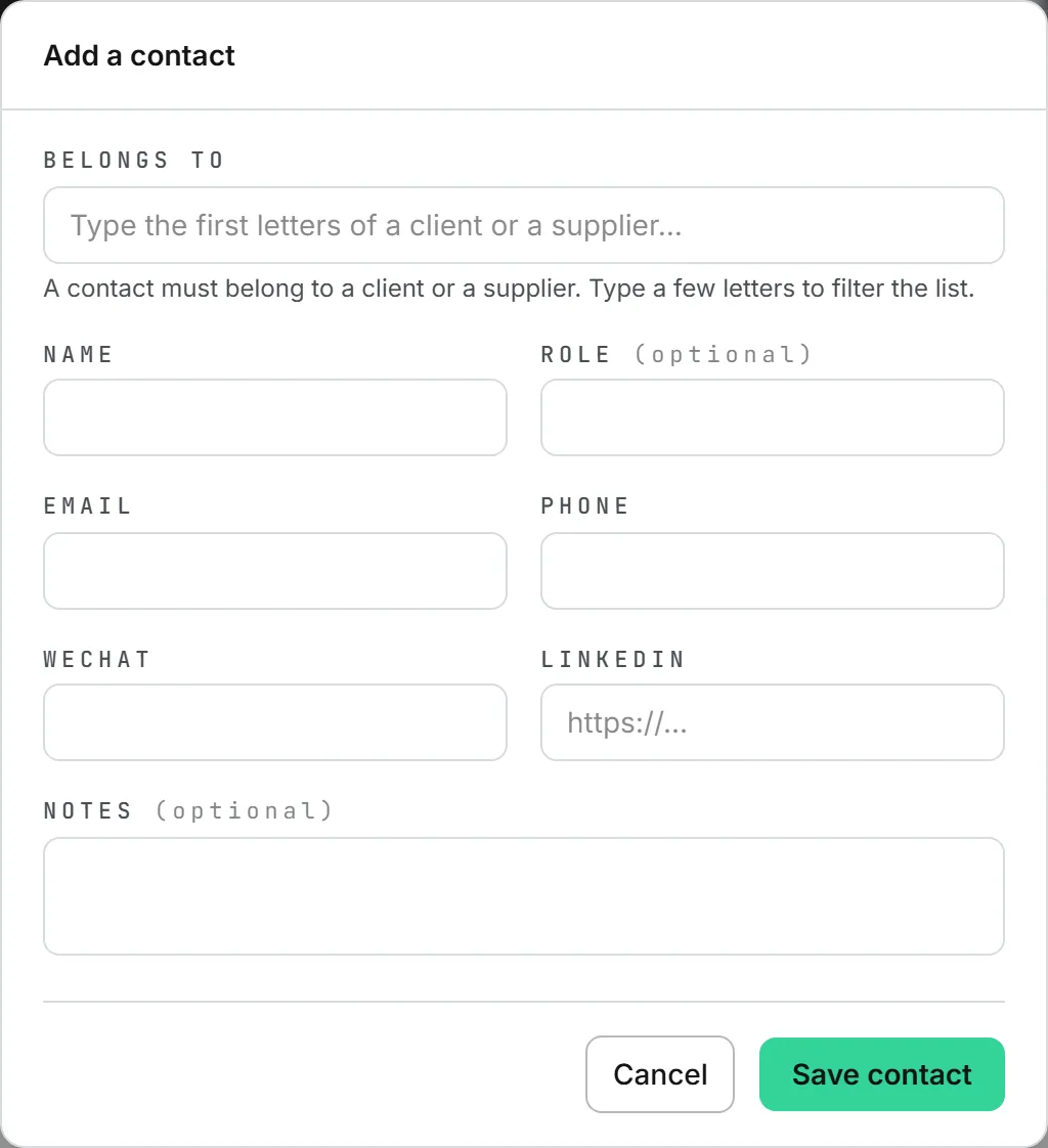 The Add a contact form, where the person is attached to a client or a supplier and only the name is required