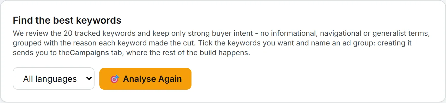 The Find the best keywords card, with the language menu and the button that runs the selection again