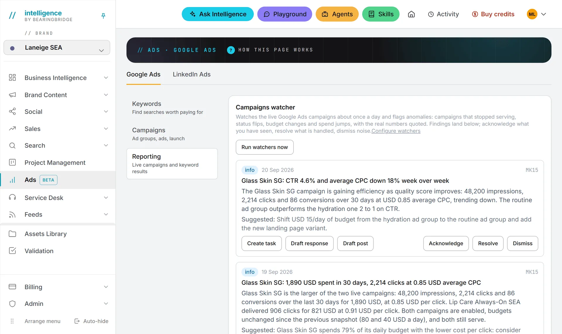 The top of the Reporting page, with the Google Ads and LinkedIn Ads tabs and the three Google Ads pages listed on the left