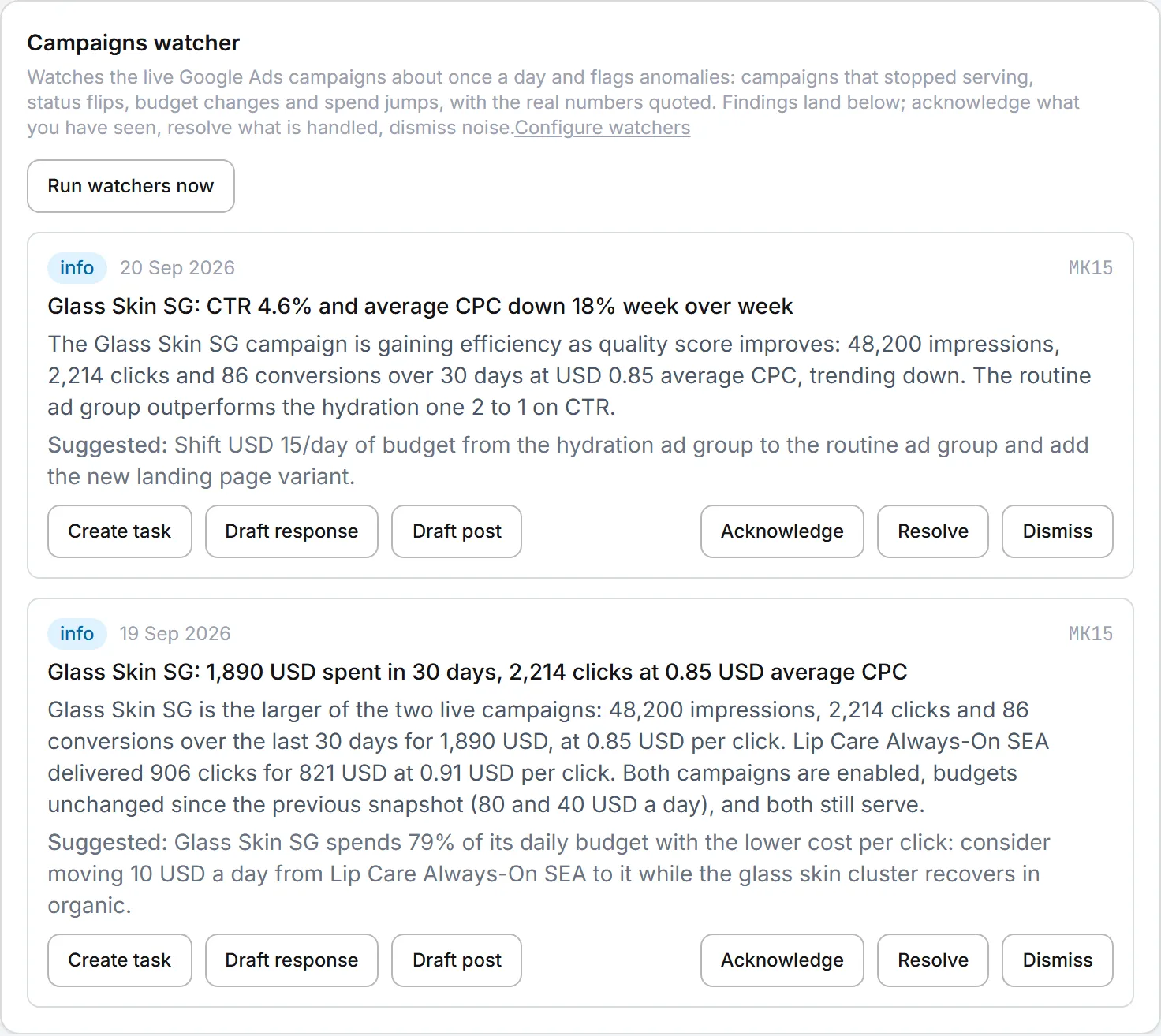 The Campaigns watcher at the top of the Reporting page, with its findings and the buttons that acknowledge, resolve or dismiss each one