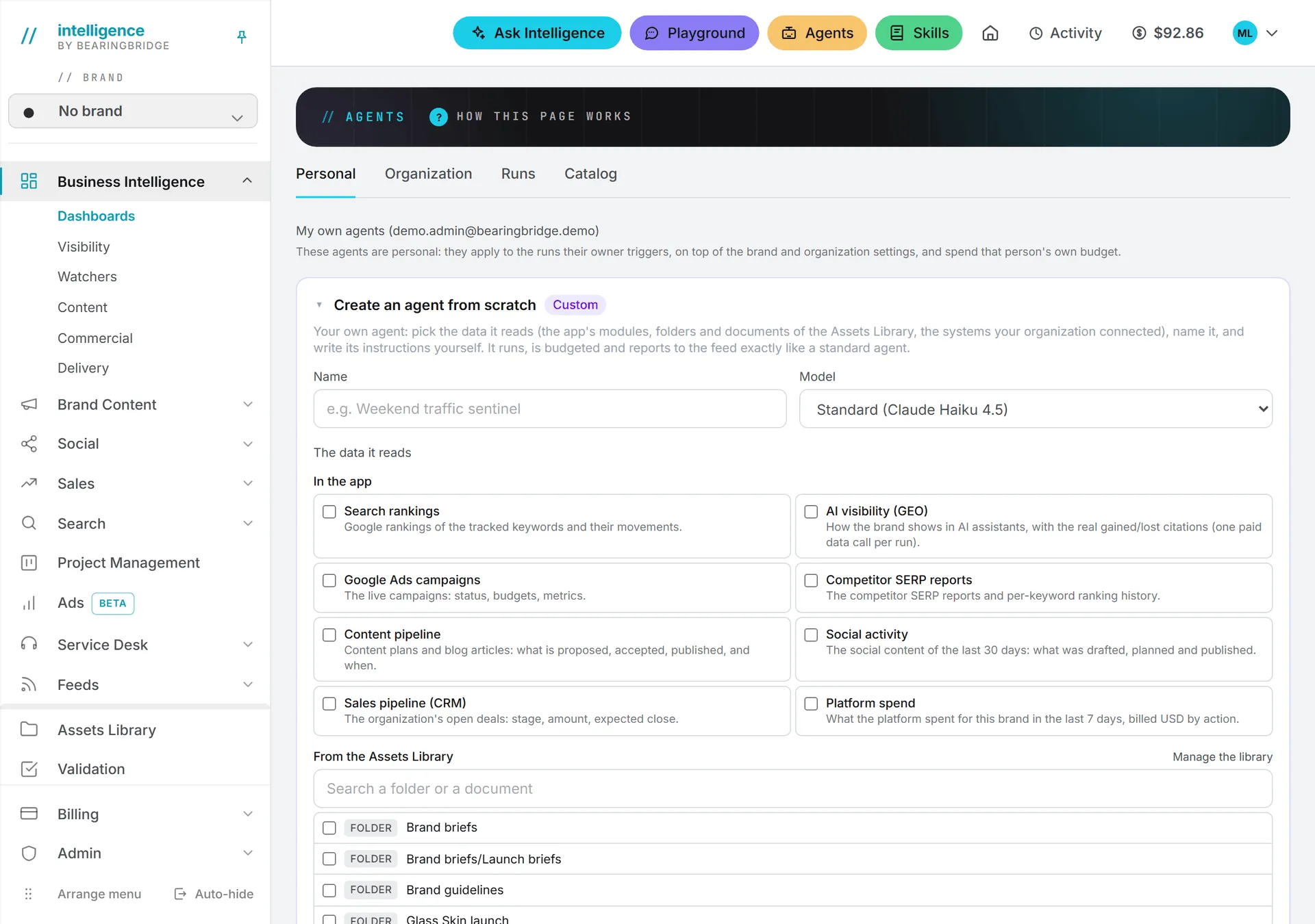 Create an agent from scratch unfolded on the Personal tab, with the name, the model and the start of the data picker