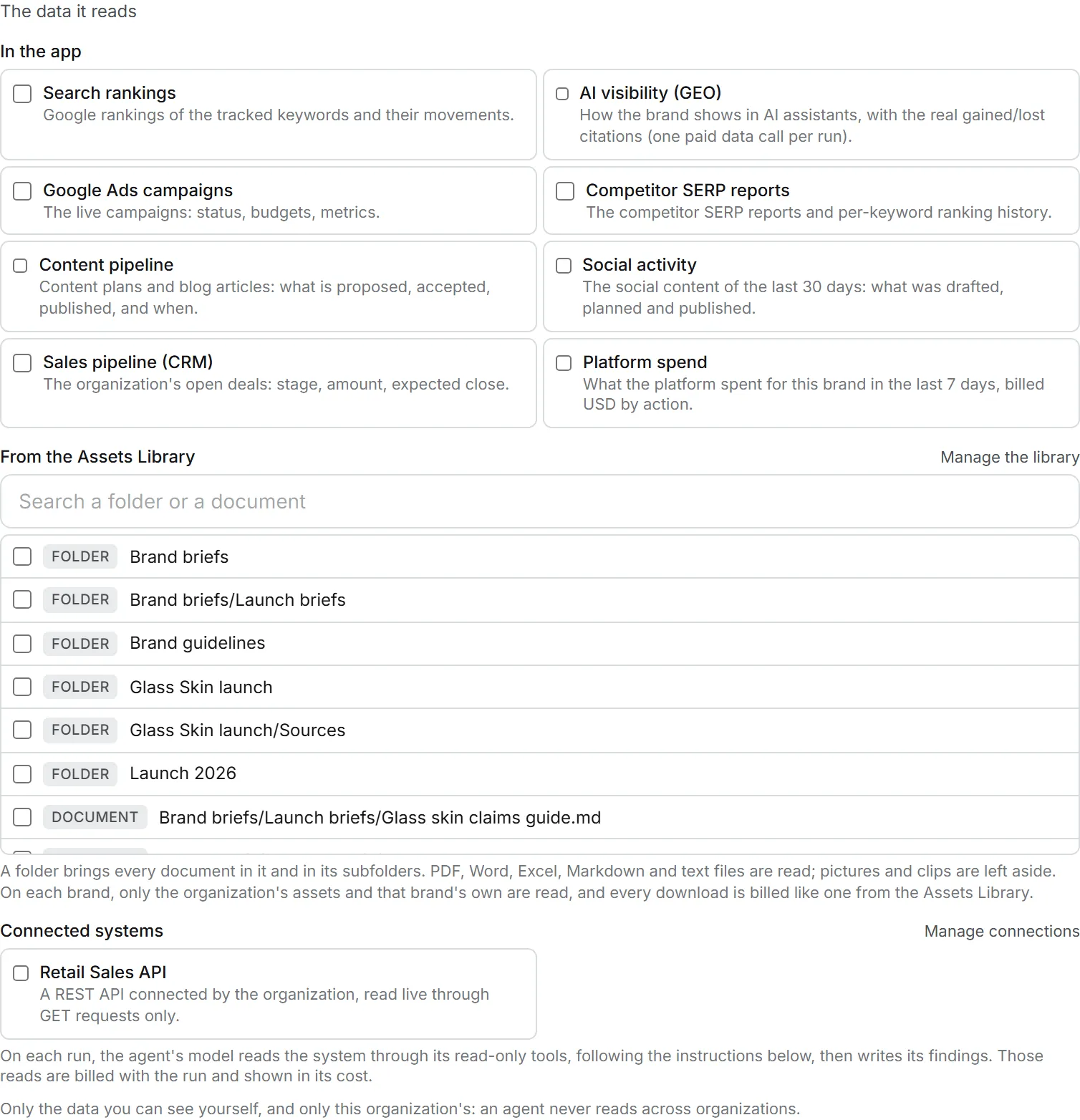 The data picker of a custom agent, listing the app's modules, the Assets Library folders and the connected systems