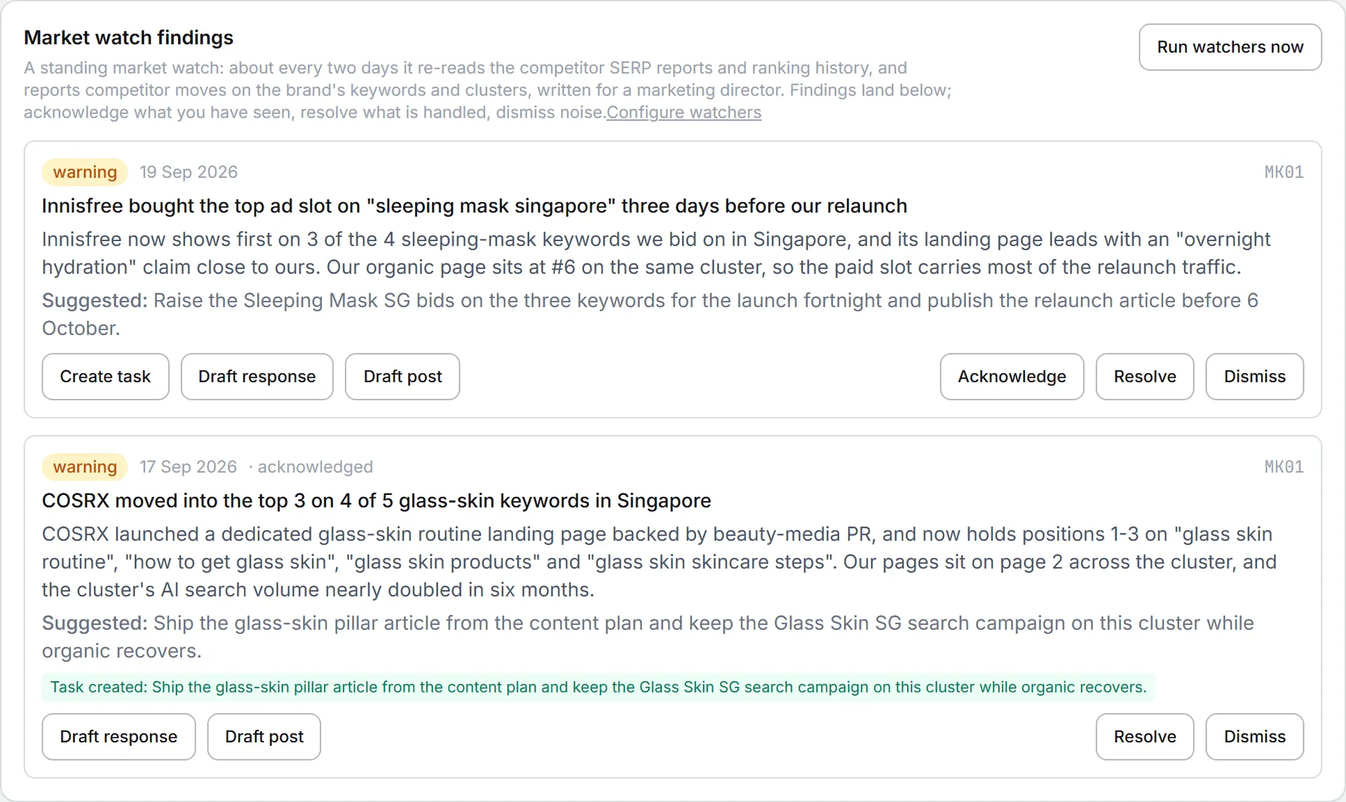 The findings feed on the Market Monitor page, each finding carrying a severity, what the agent noticed and the action it suggests