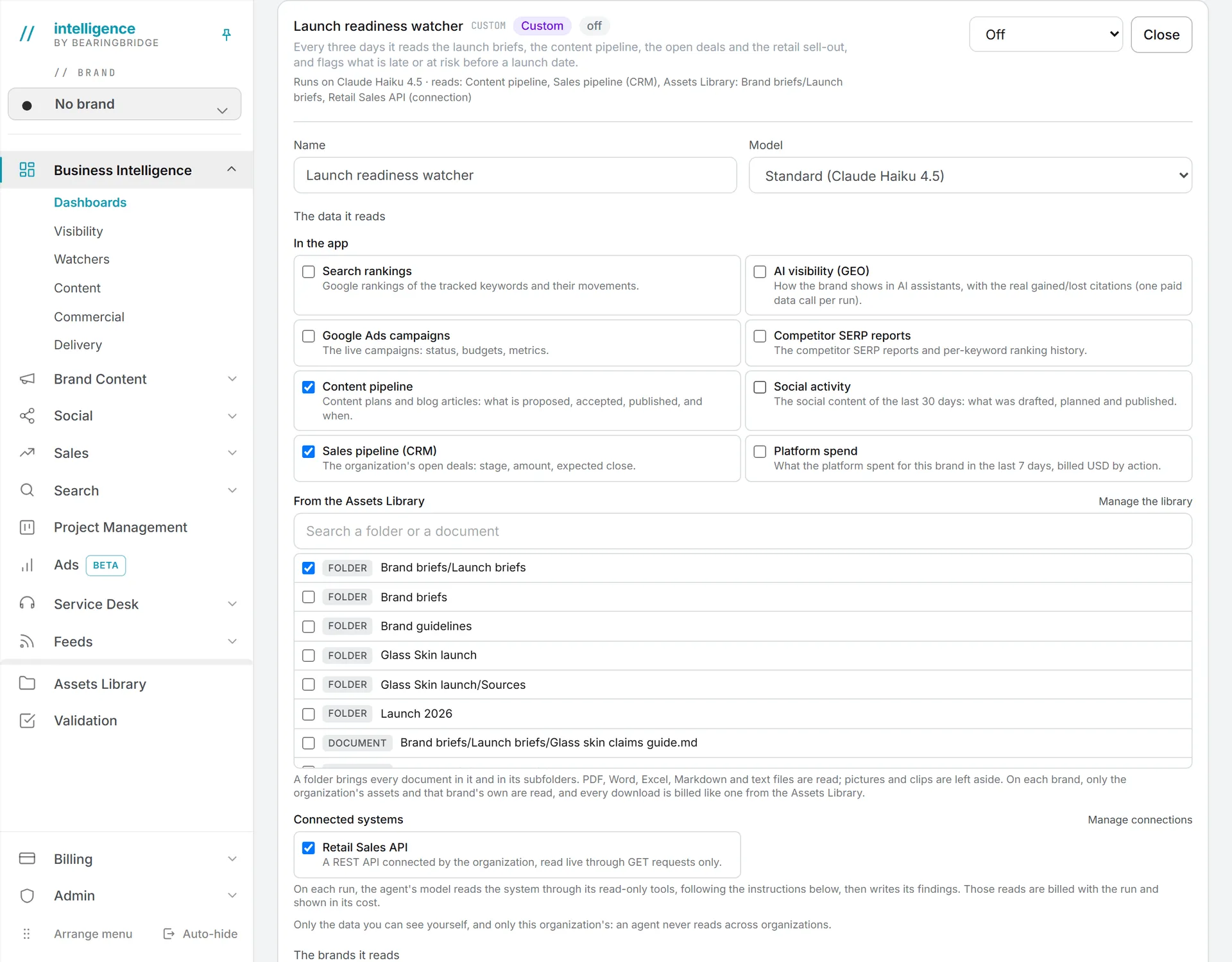 An agent open for editing, with its name, its model, the data it reads, its instructions, its schedule and its budgets