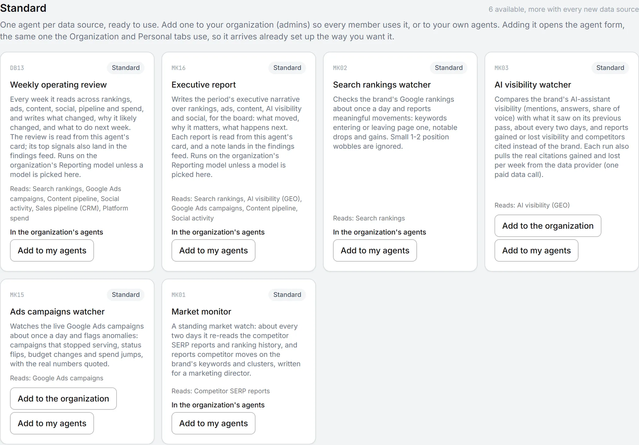 The Standard section of the agent catalog, one card per agent with its code, what it reads and the button that adds it
