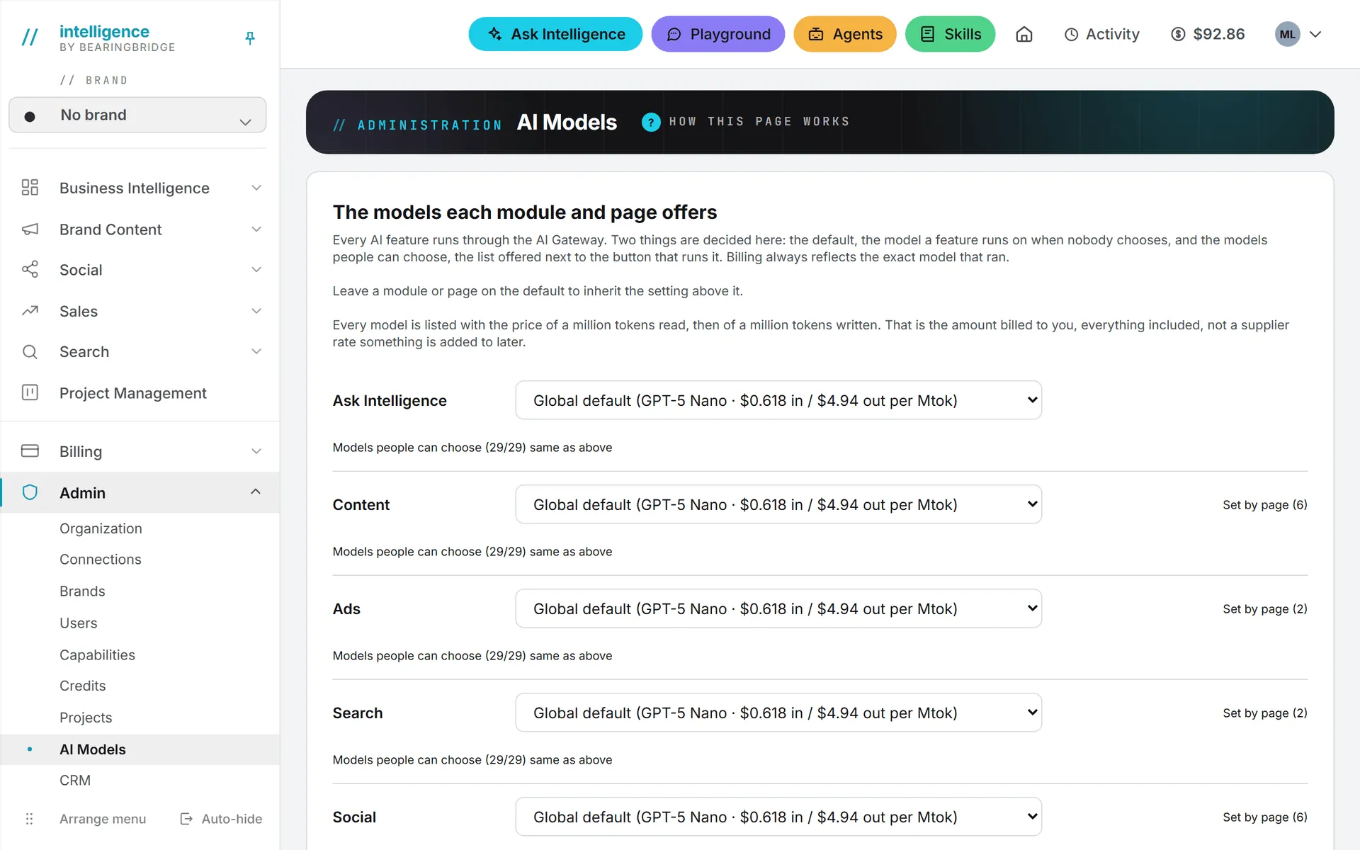 The AI Models page, where each module carries a default model and the list of models people may pick from
