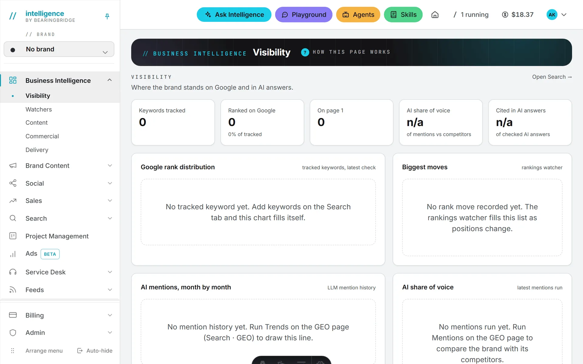 The Intelligence home page, with the menu on the left and the header across the top