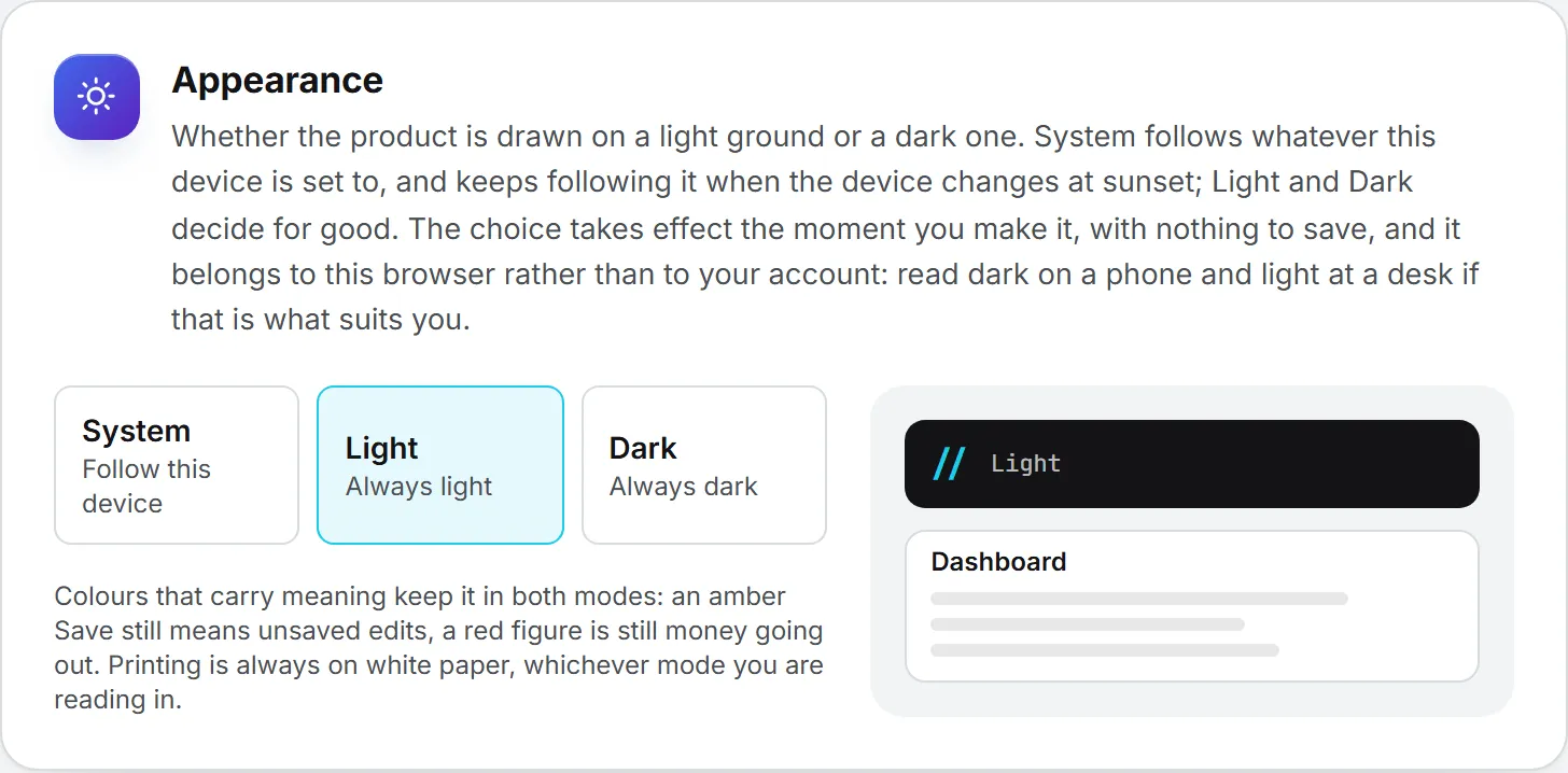 The Appearance card, with System, Light and Dark side by side