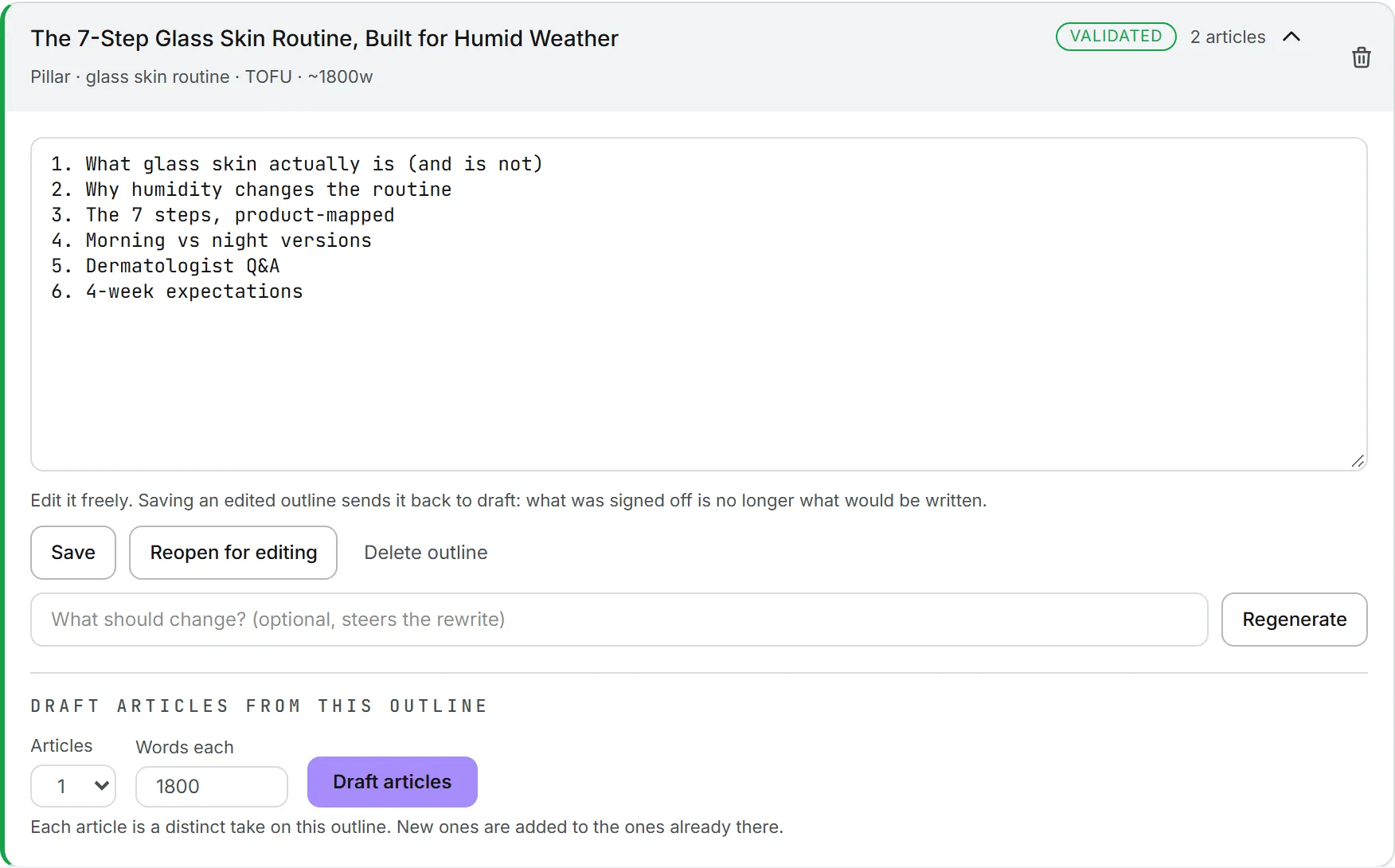 A validated outline opened for work, with its Markdown in an editable box and the panel that drafts articles from it