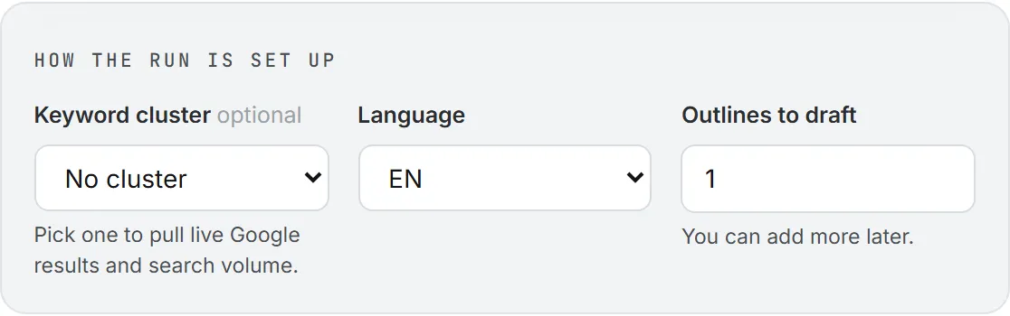 The run settings of a new brief, with the keyword cluster list, the language and the number of outlines to draft