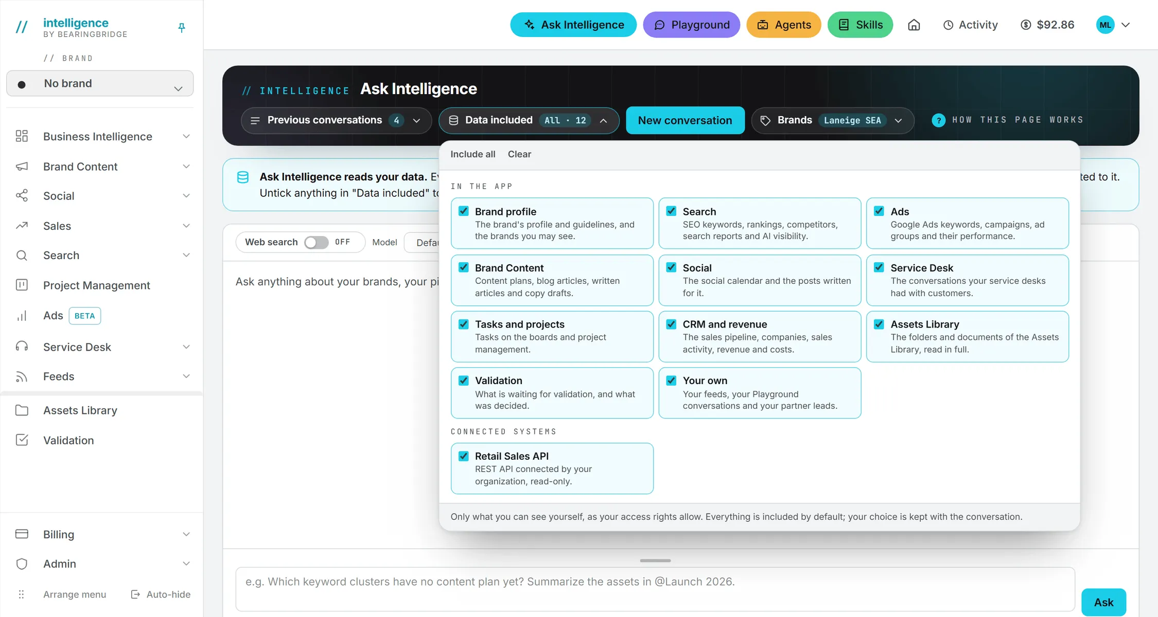 The Data included panel on Ask Intelligence, listing every kind of data a conversation may read