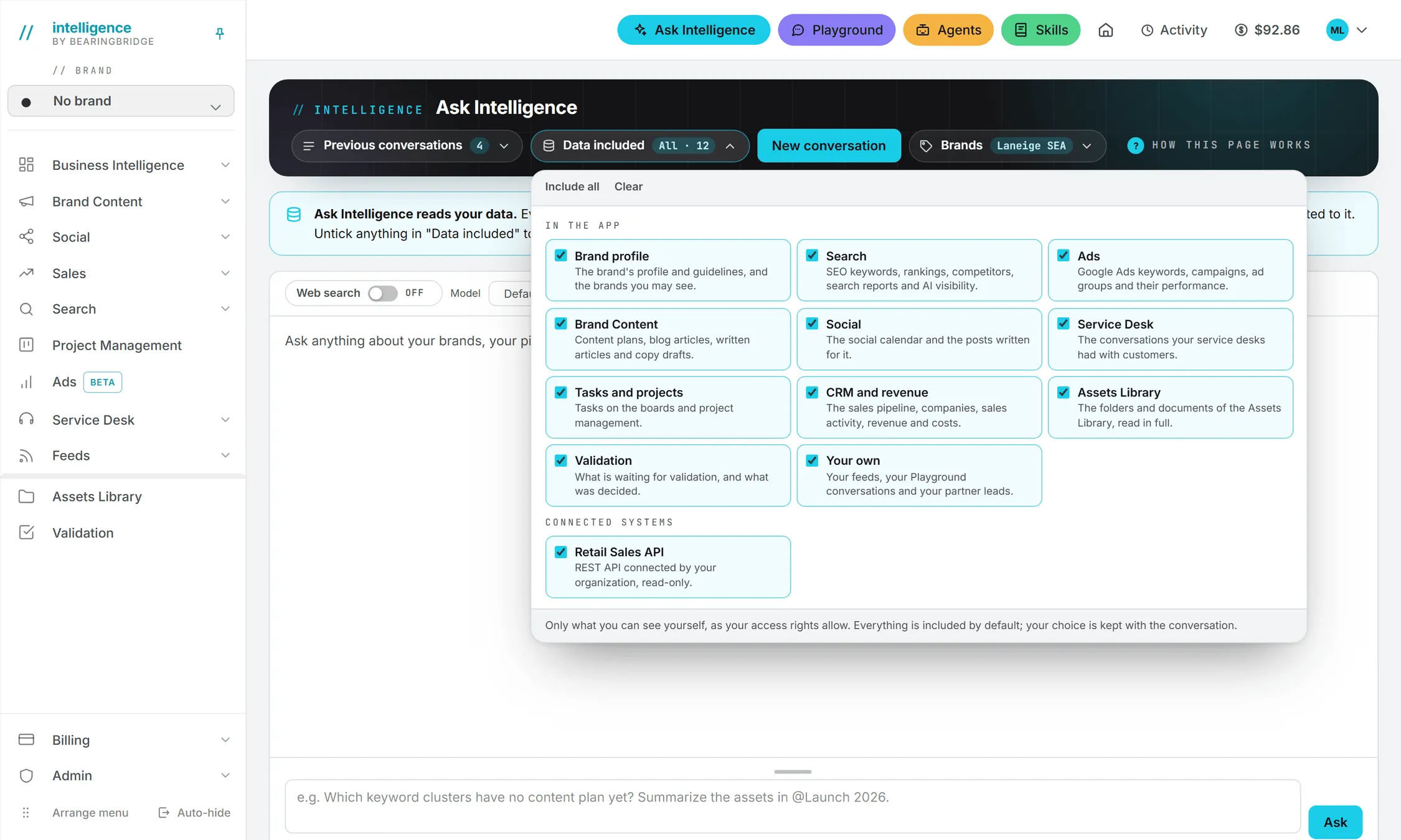 The Data included panel open on the Ask Intelligence page, listing every area of the app a conversation may read