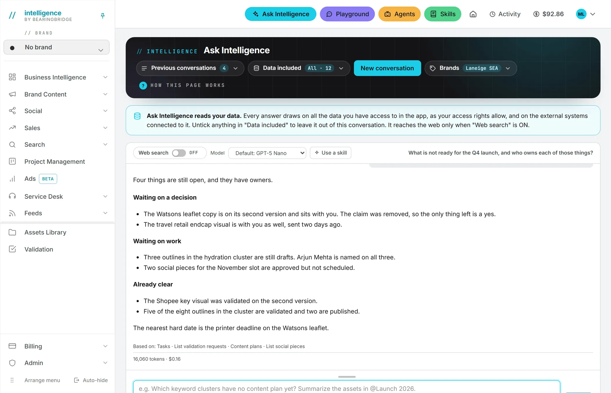 The Ask Intelligence page with a conversation open, the dark band on top and the message box at the bottom