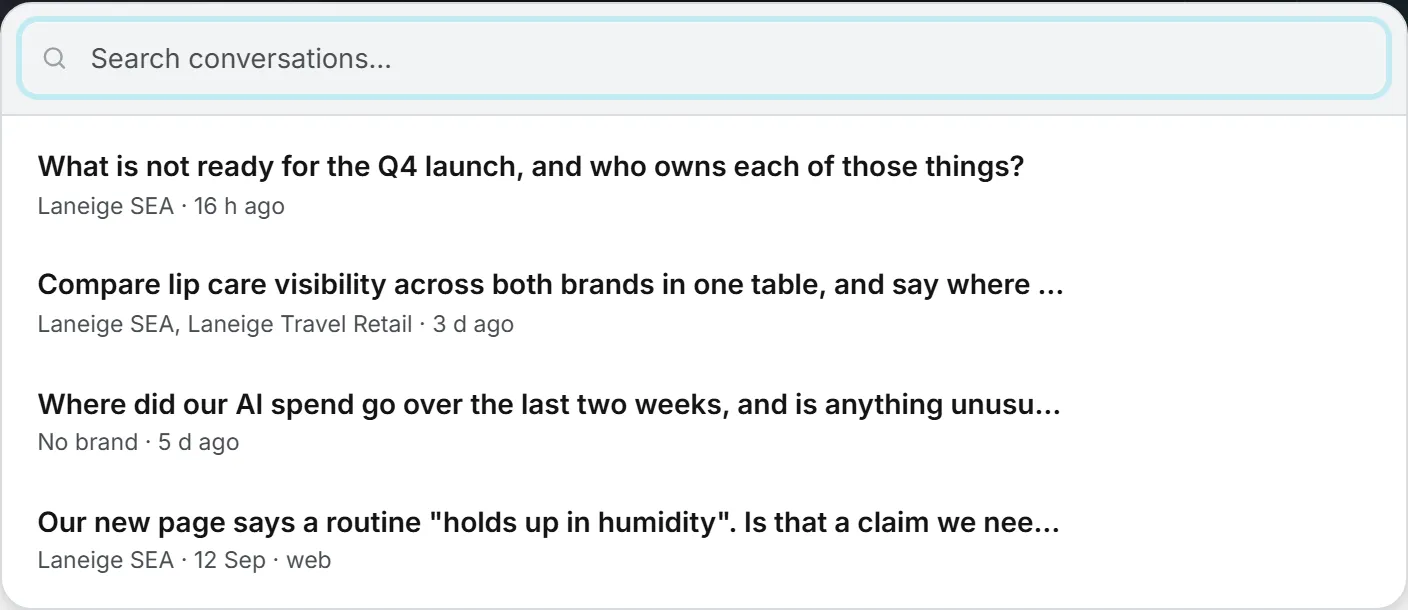 The Previous conversations list, with its search box and one line per conversation giving the brands it reads and when it was last used