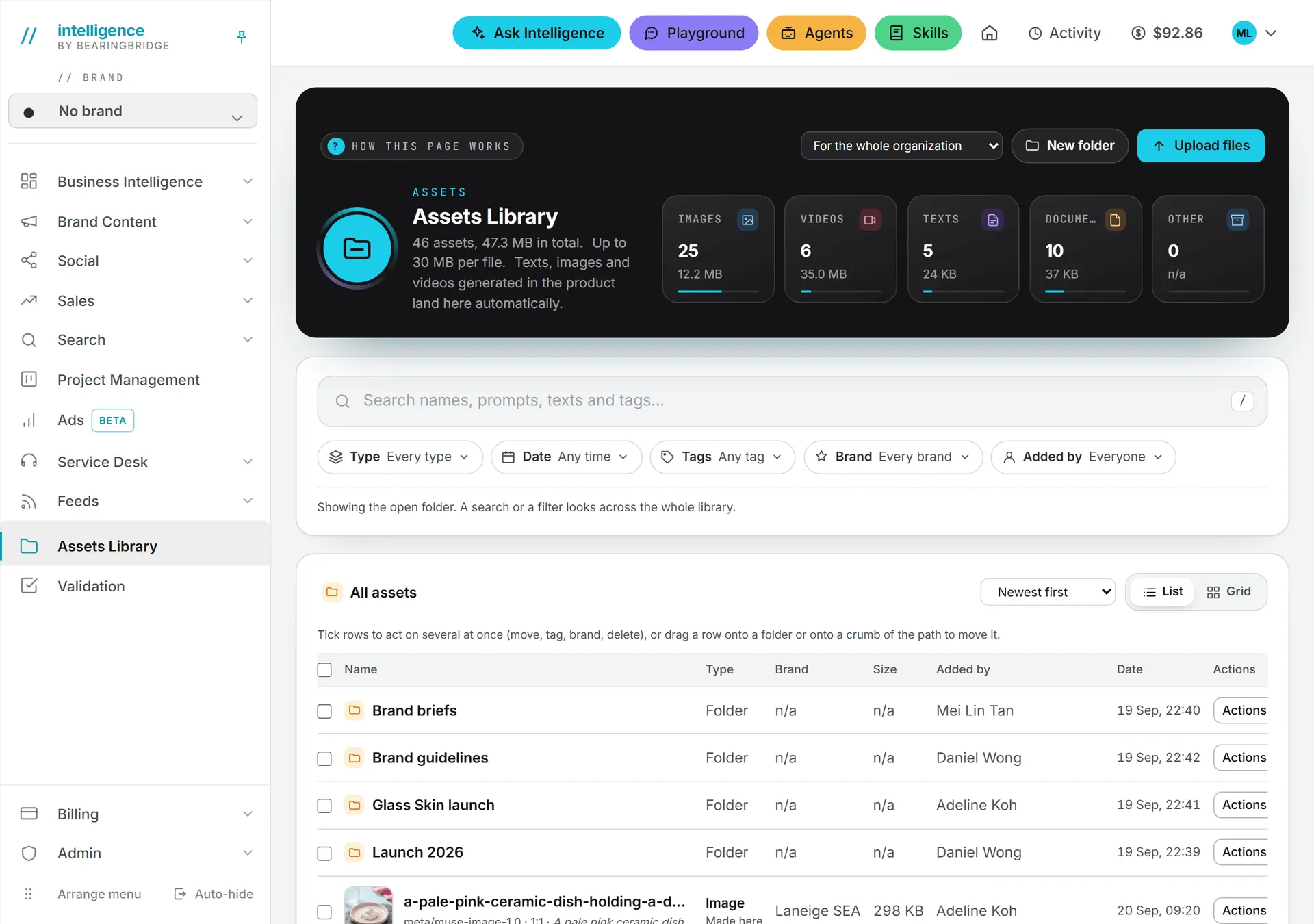 The Assets Library, with a tile per type across the top, the finder card under it and the folders and assets in a list