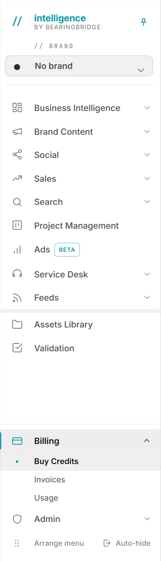 The Billing group in the left menu, open on Buy Credits, with Invoices and Usage under it