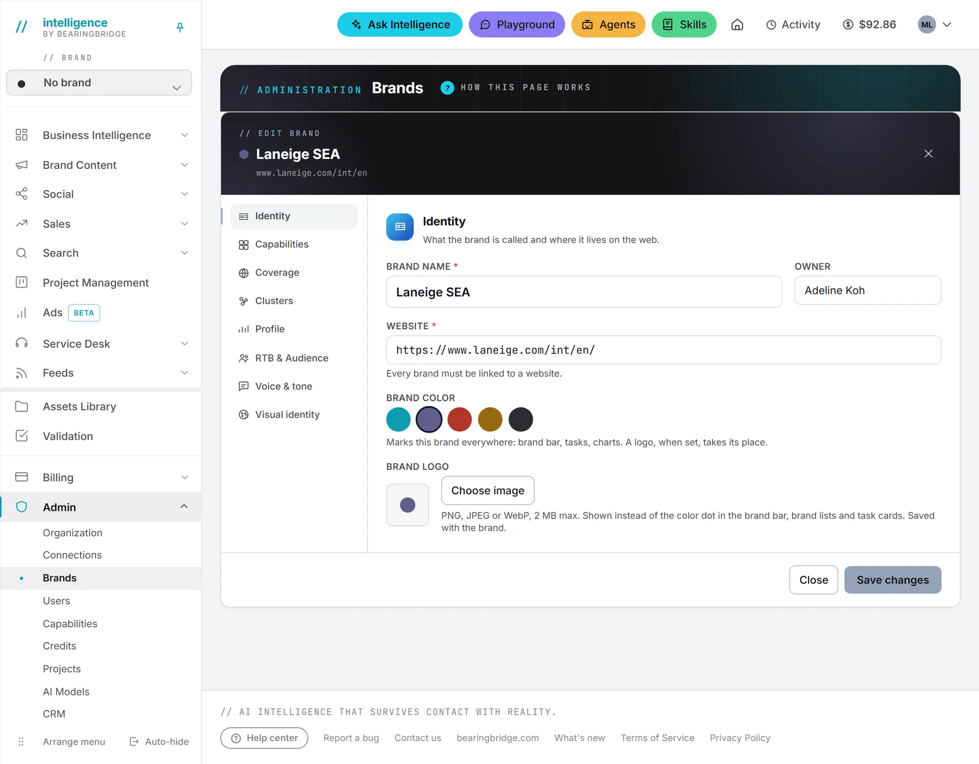 The brand editor open on Identity, with the rail of its eight sections on the left and one Save changes button for them all