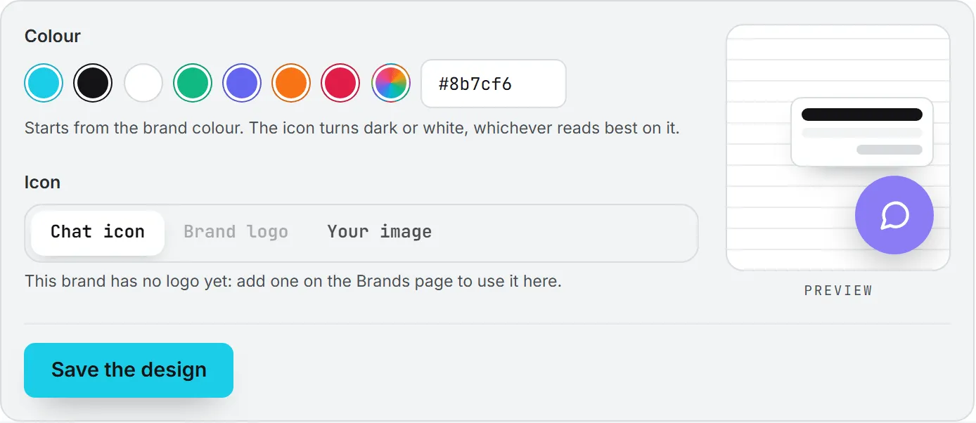 The design card of the chat button, with the color swatches, the choice of icon and the preview of the button