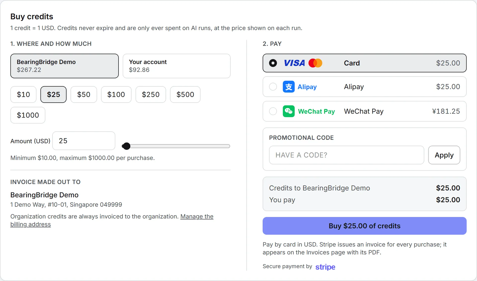 The Buy credits form, with the tabs for the organization and your own account, the amount presets and the payment methods