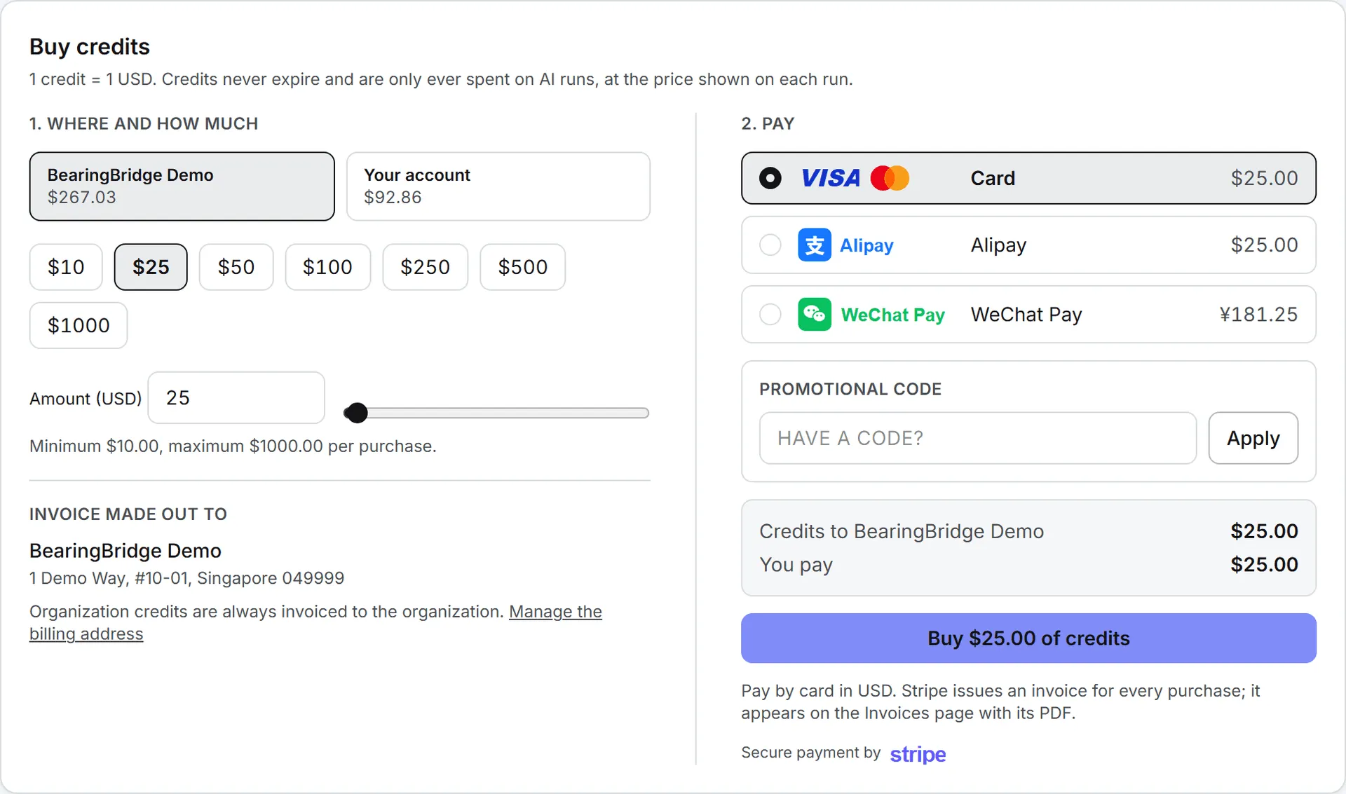 The Buy Credits form, with the amount to buy, the balance it goes to and the payment methods