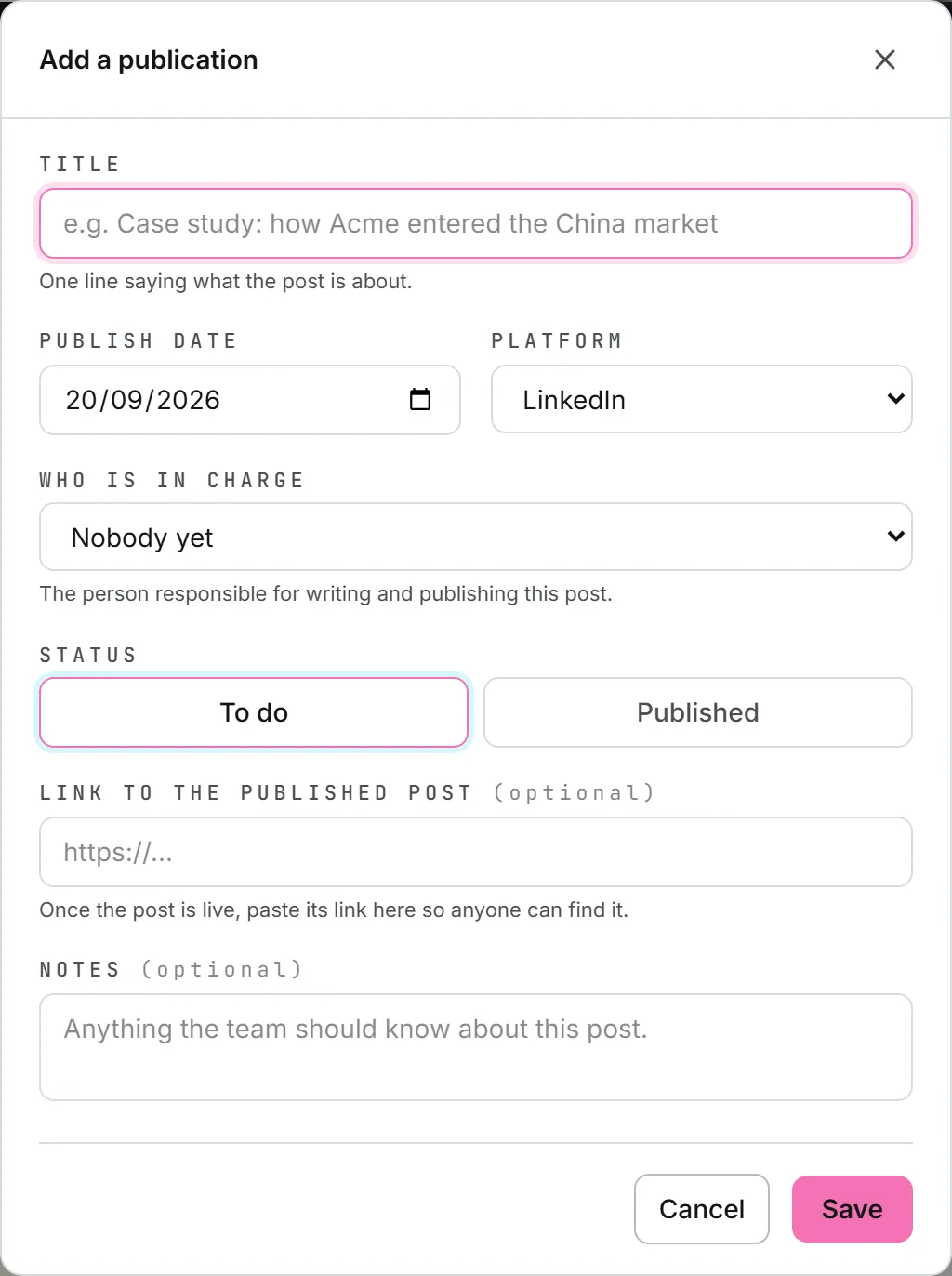 The Add a publication window, with the title, the publish date, the platform, who is in charge and the status