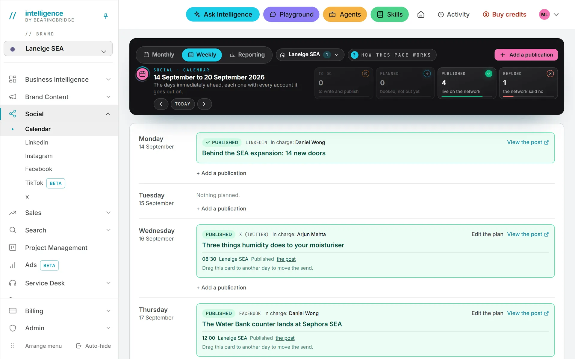 The weekly view of the Social calendar, one row per day, with a full card for each publication