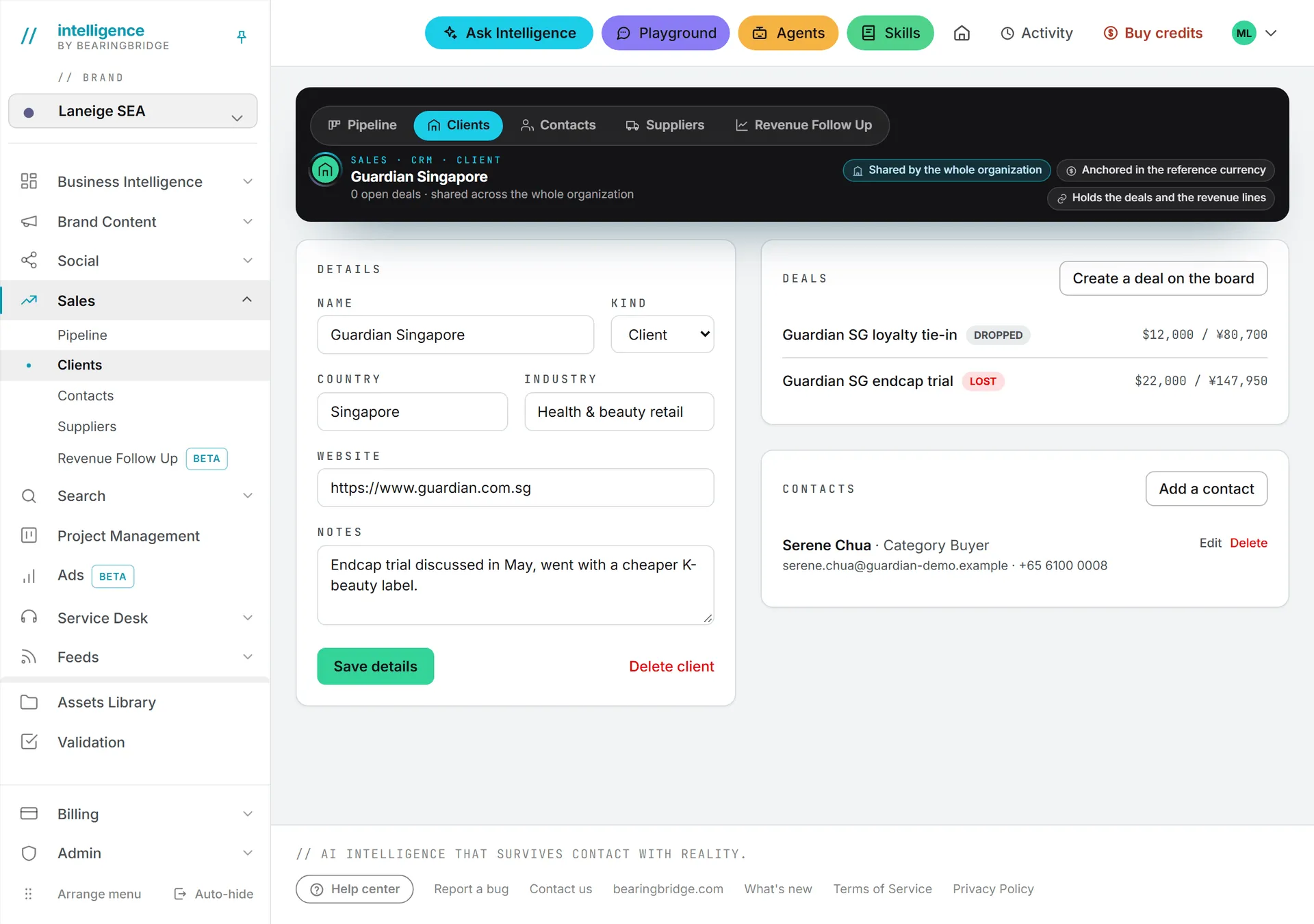 A client page, with the Details card on one side and the Deals and Contacts cards on the other