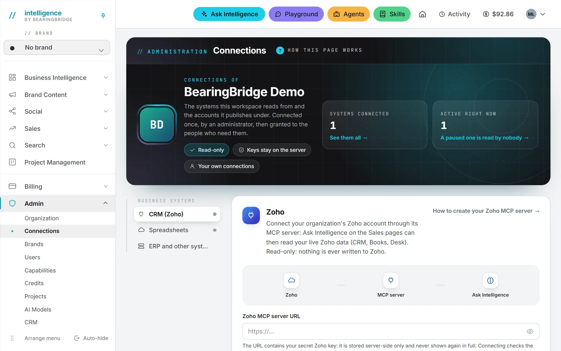 The Connections page, with the systems the organization reads and the form that connects a new one