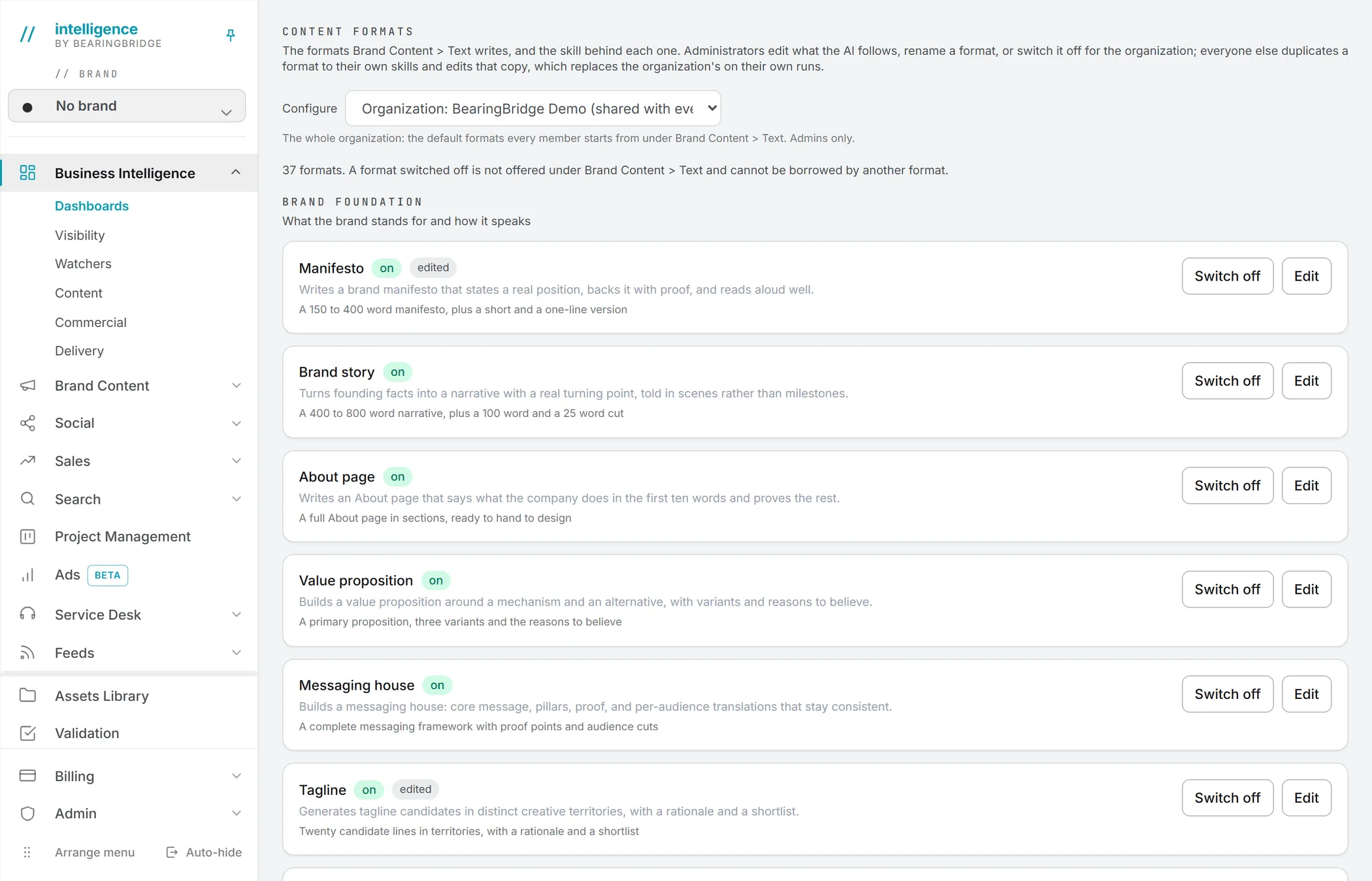 The Content Formats section of the catalog, with the formats grouped by category and an on or off tag on each one