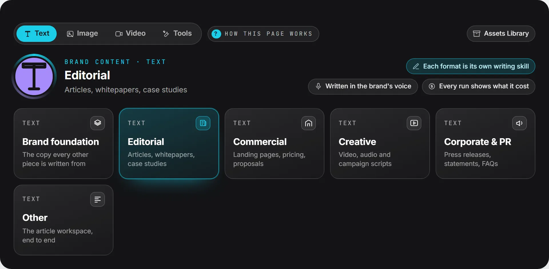 The band at the top of a Brand Content page, with Text, Image, Video and Tools on the switch and the six Text pages as tiles underneath