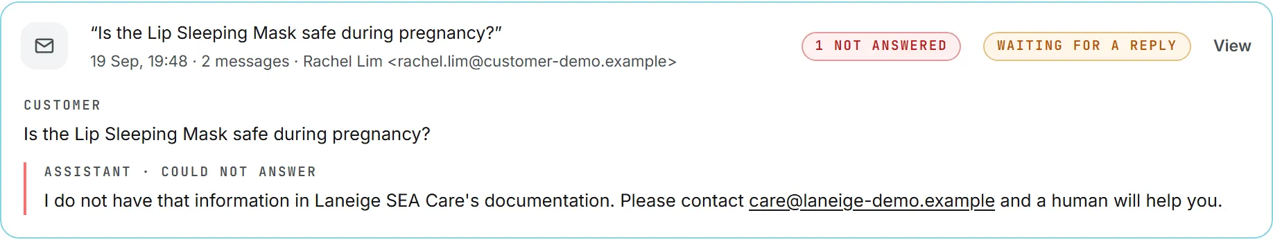 One conversation opened with View, showing the customer's question, the assistant's reply and the contact details the customer left
