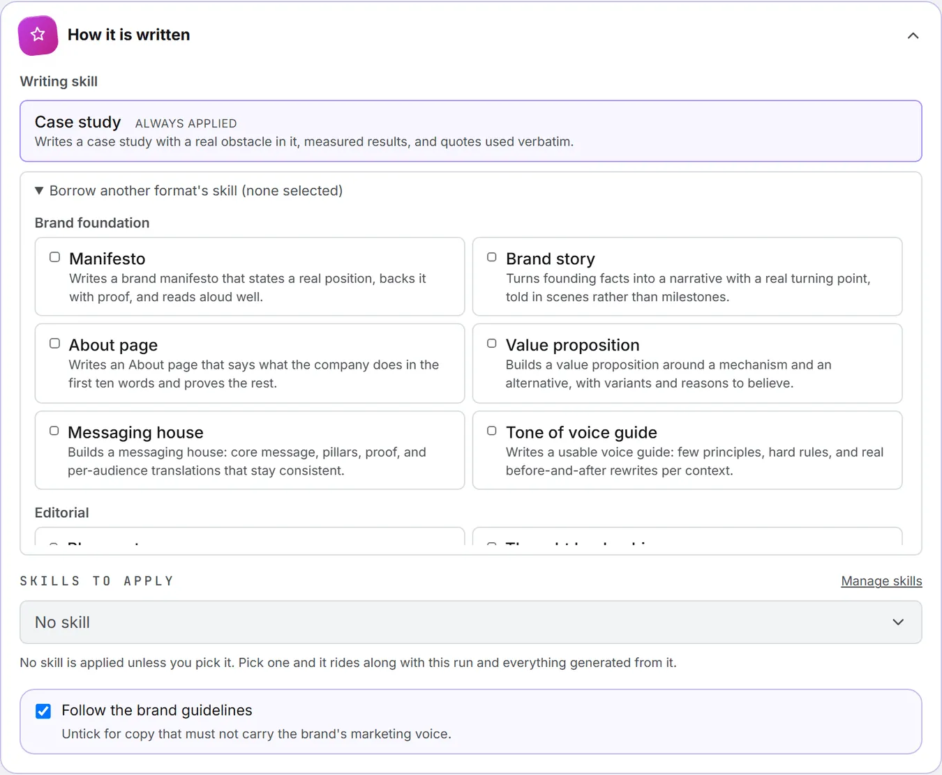 The How it is written panel, with the format's own writing skill always applied, the list of skills that can be borrowed from other formats, and the brand guidelines checkbox