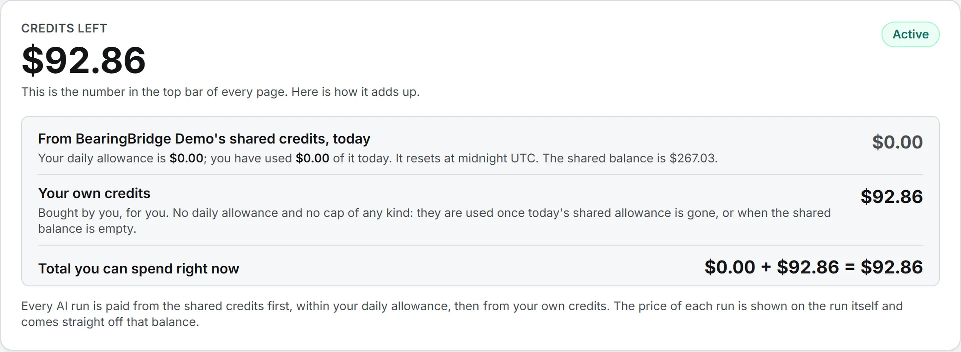 The Credits left card, adding what is left of today's shared allowance to the credits bought for your own account