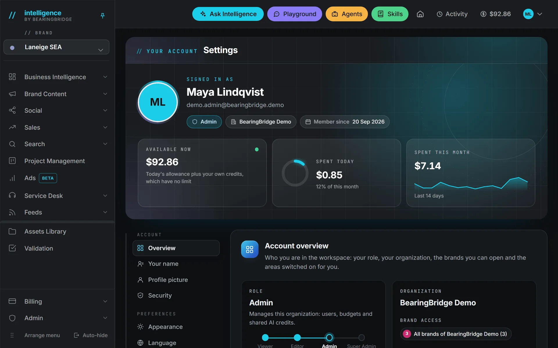 The Settings page with the dark theme on, the menu, the cards and the page all turned dark