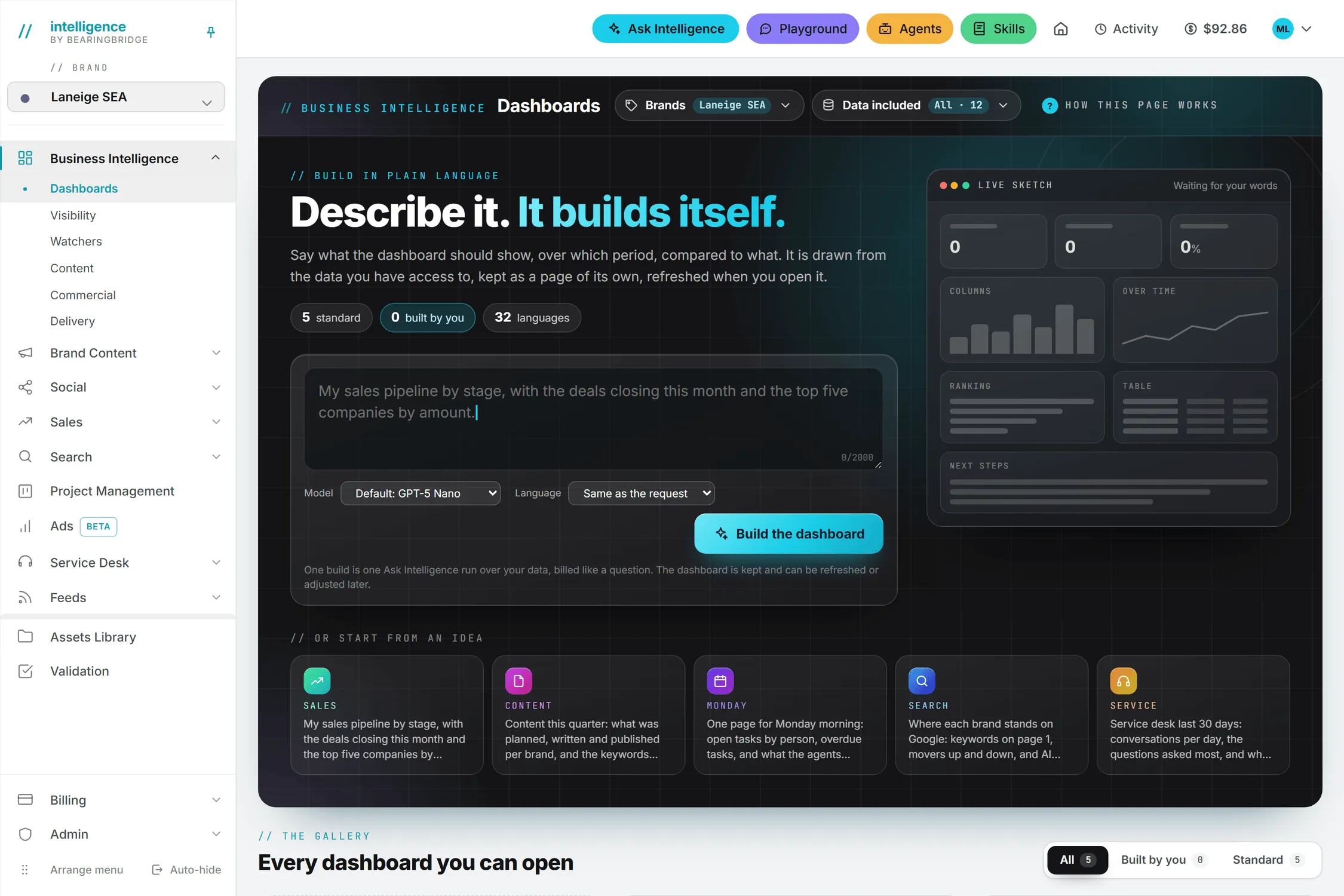 The Dashboards page, with the request box and its live sketch above the gallery of every dashboard you can open