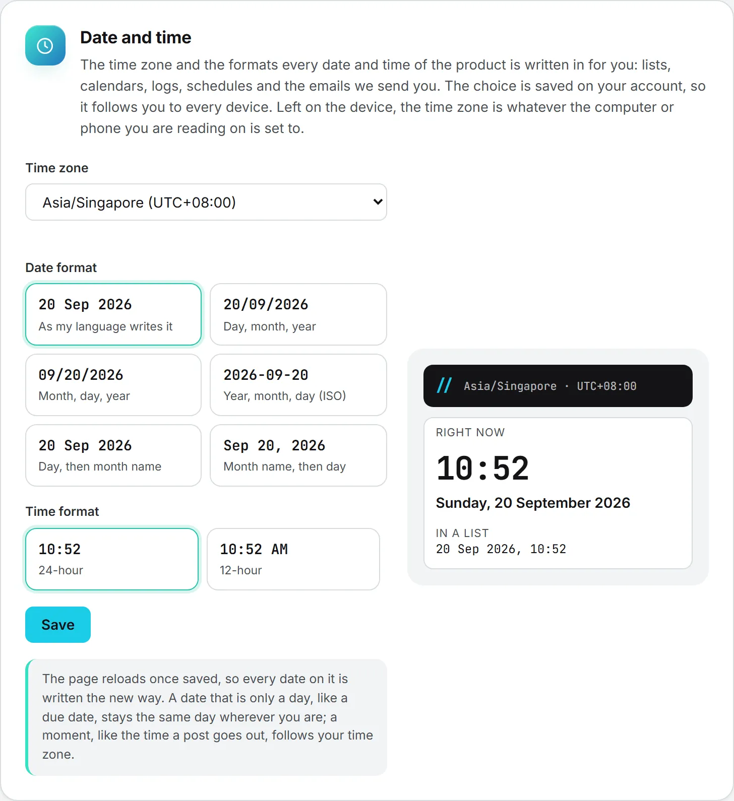 The Date and time card, with the time zone, date format and time format on the left and the preview on the right