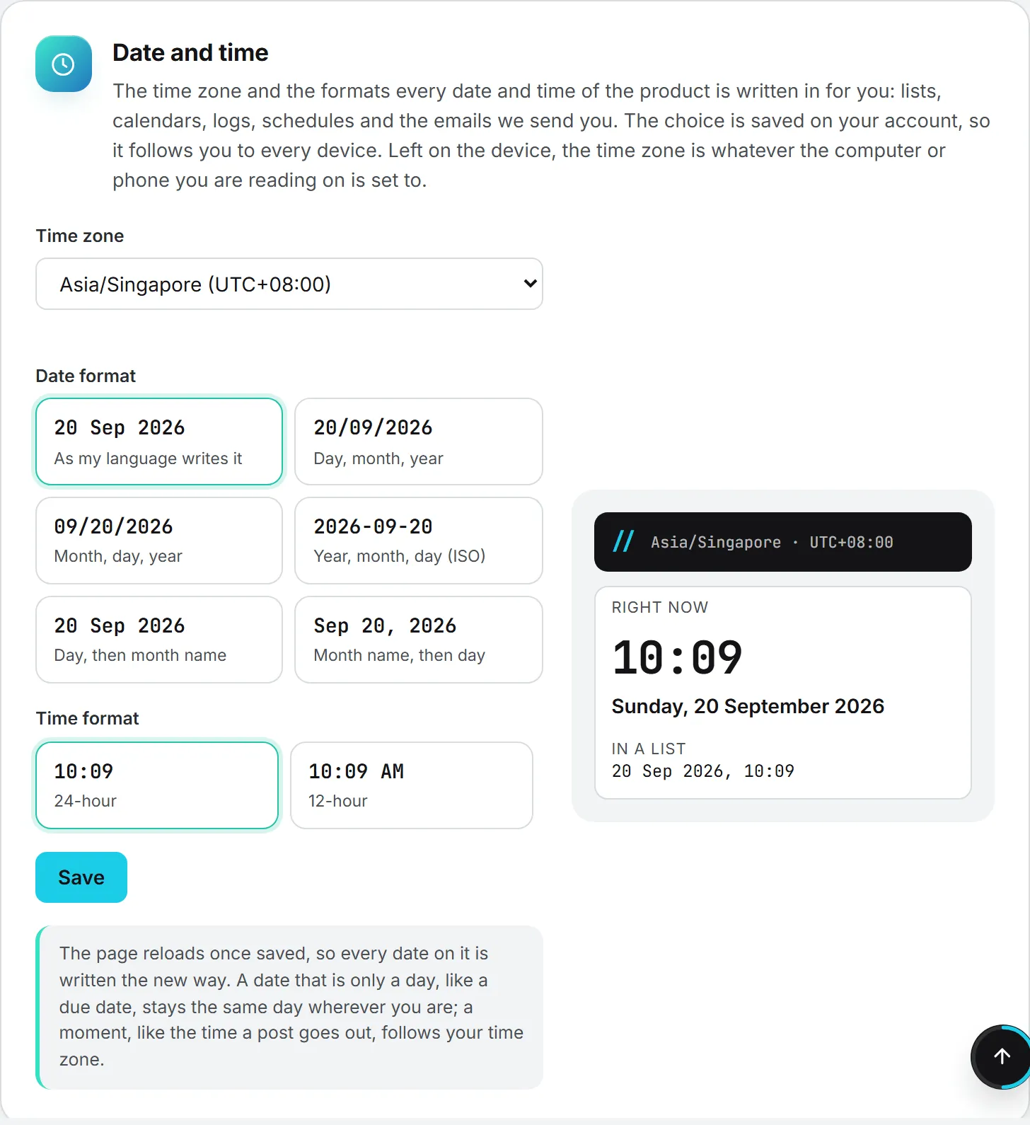 The Date and time card in Settings, with the time zone, the date format and the time format
