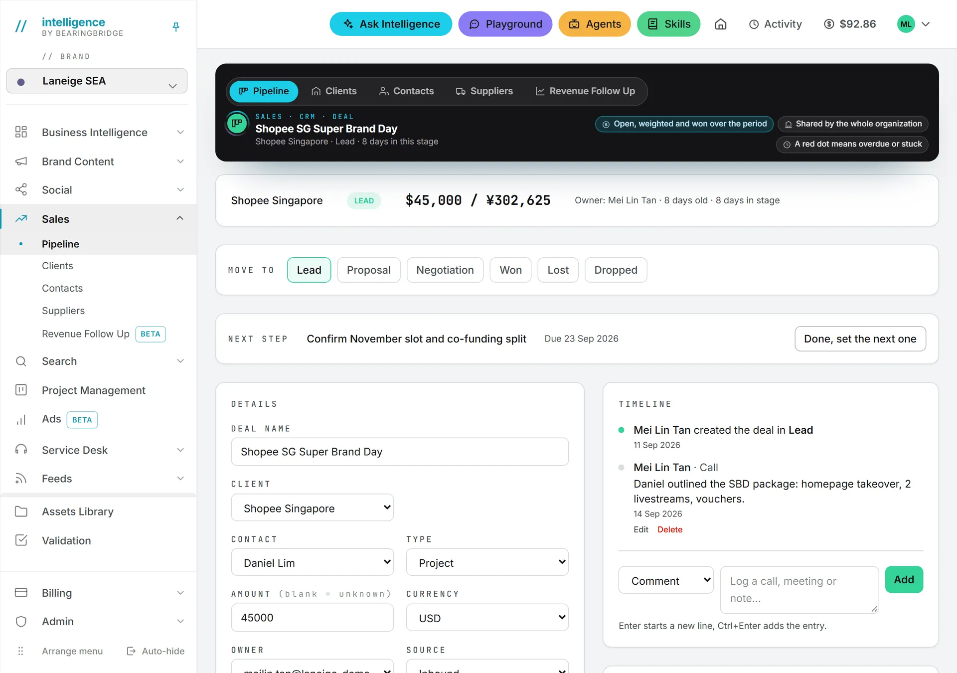 A deal page, with the summary card, the stage row, the next step, the Details card and the Timeline