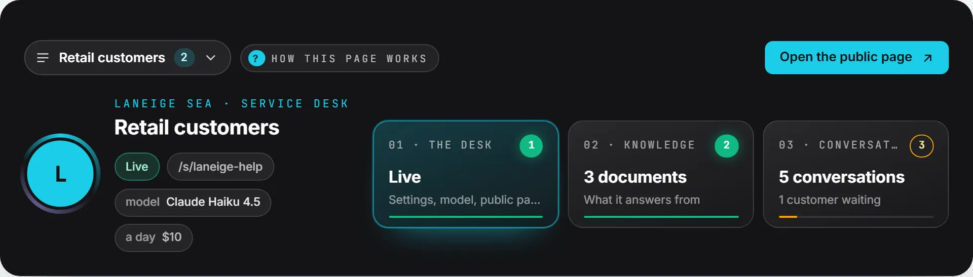 The band at the top of a desk page, with the desk's three parts as tiles: the desk, knowledge and conversations