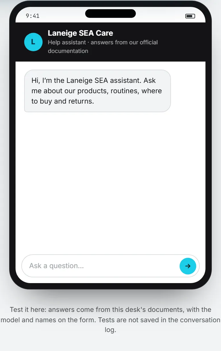The phone frame beside the settings, showing the public page with the welcome message and the box for a test question