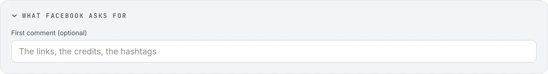What Facebook asks for on the publishing step, with the optional first comment the app posts after the post