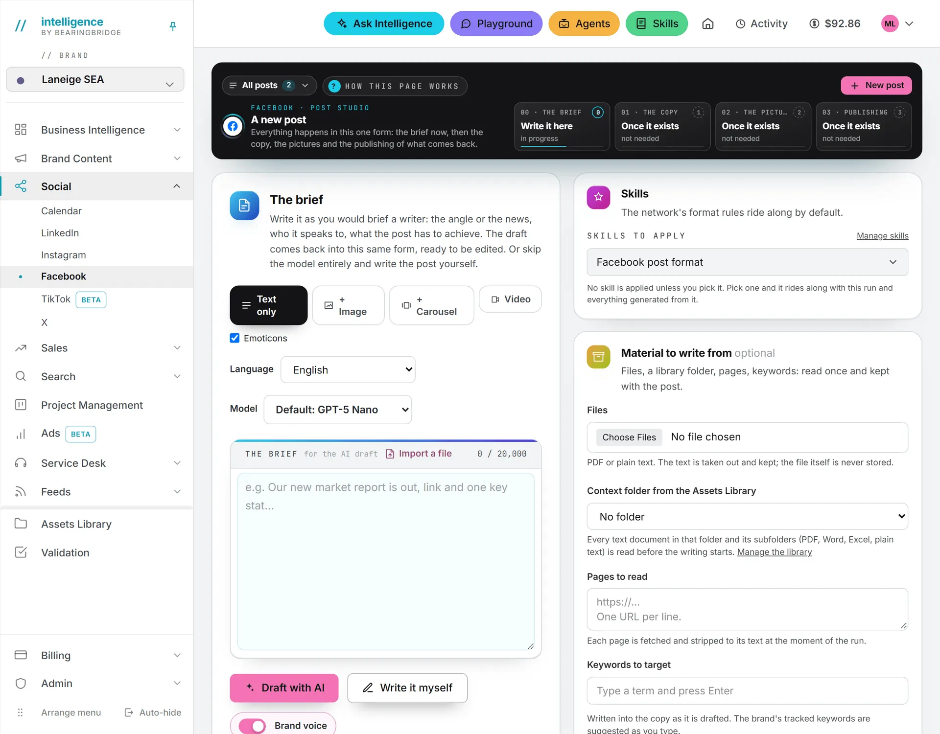The Facebook studio on a new post, with the shape picked above the brief and the material cards beside it