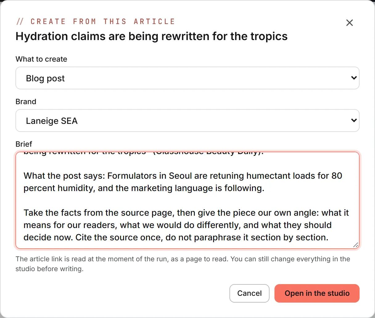 The Create from this article dialog, with the kind to create, the brand and the brief already written from the article