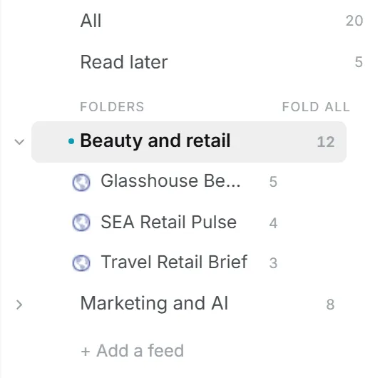 The Feeds menu in the left rail, with one folder open on the sources inside it and an unread count against each