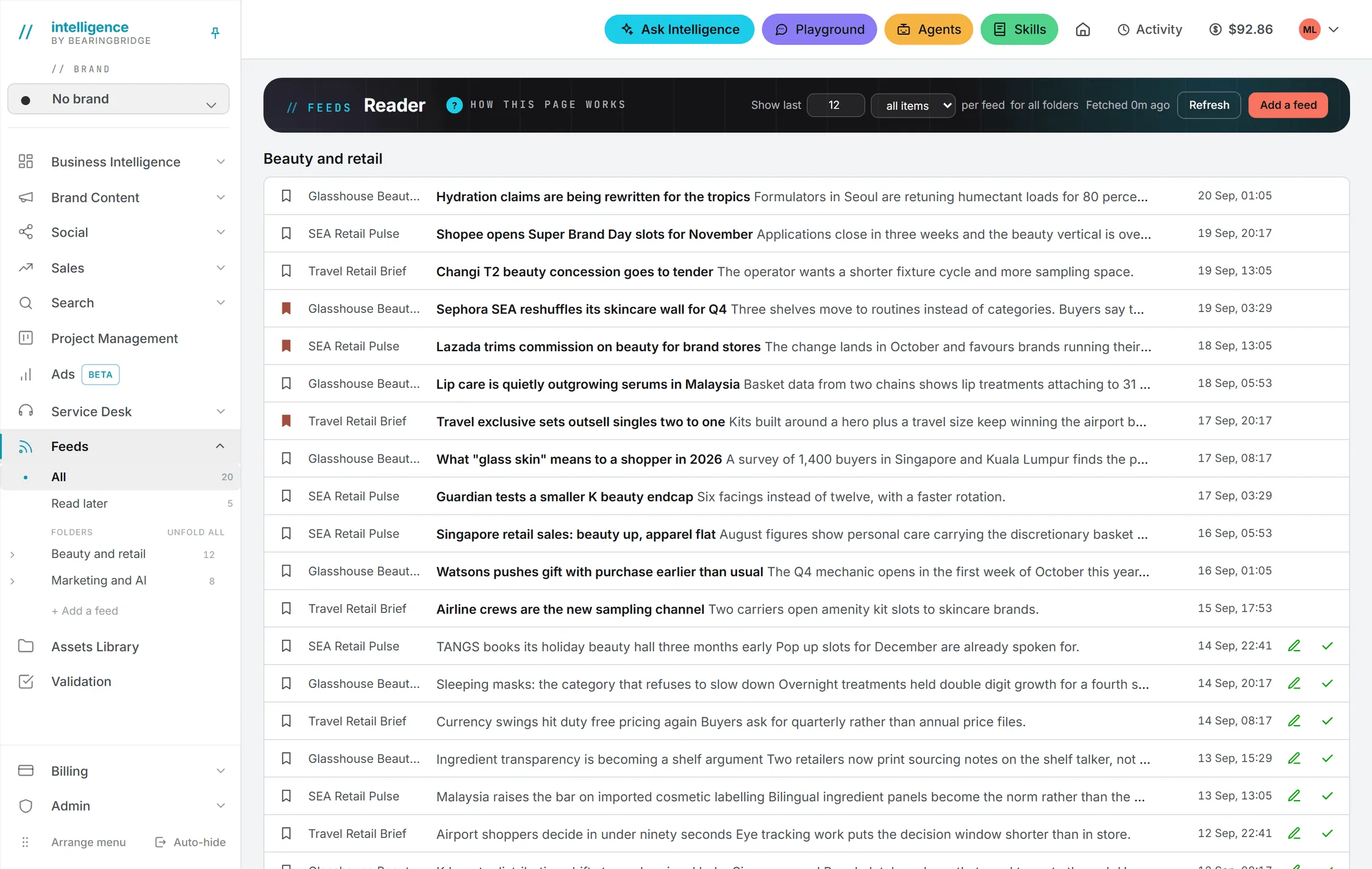 The Feeds reader, with the folders and sources in the left menu and the articles of every source listed under their folder