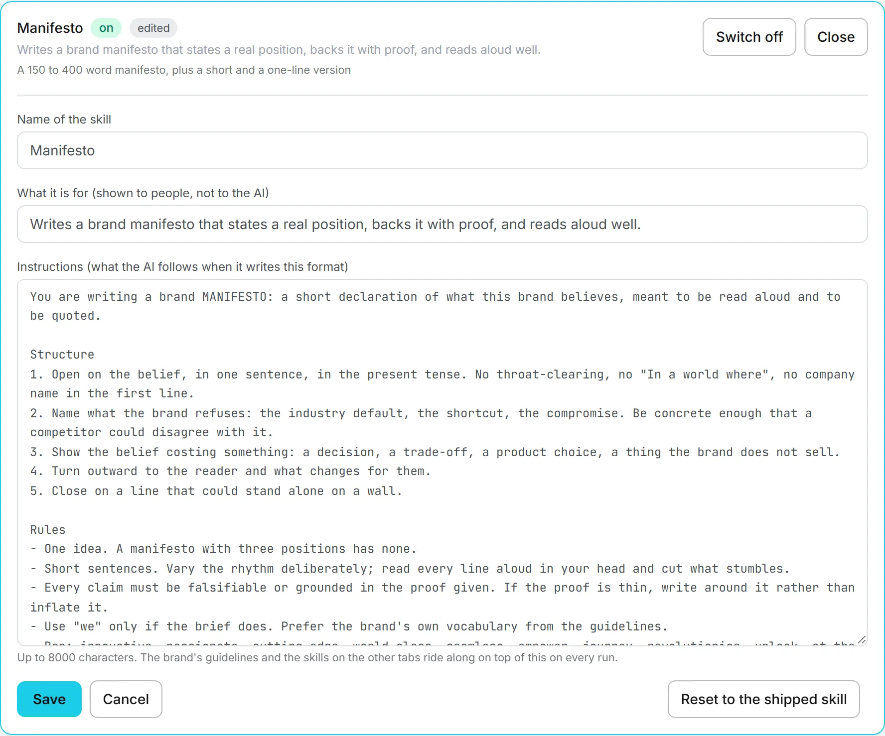 The manifesto format open, with the name of its skill, what it is for and the instructions the AI follows when it writes that format