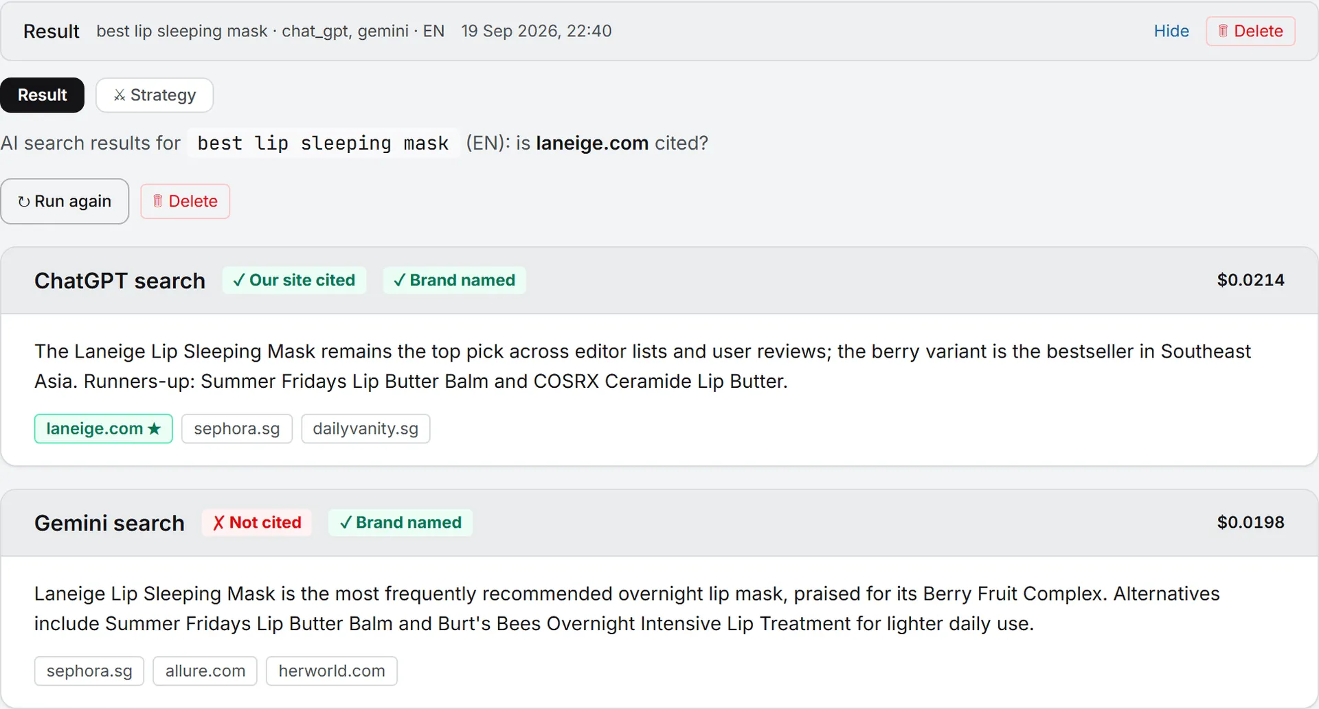 AI search results for one keyword, each platform on its own card with the cited and brand named badges