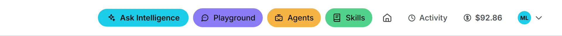 The four shared tools in the header: Ask Intelligence, Playground, Agents and Skills